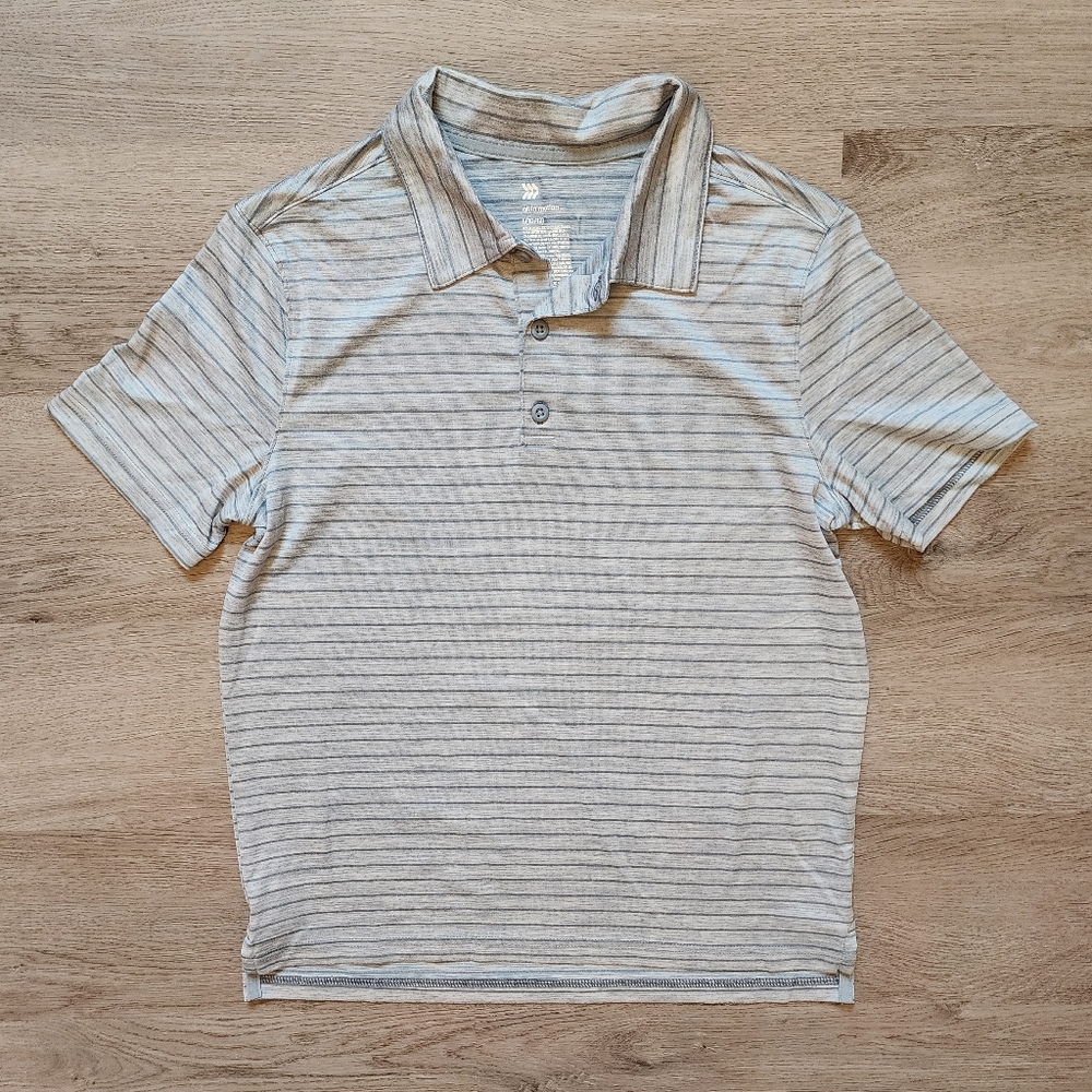 All in Motion Boy's Dark Grey Striped Short Sleeve Activewear Polo Large L 10-12